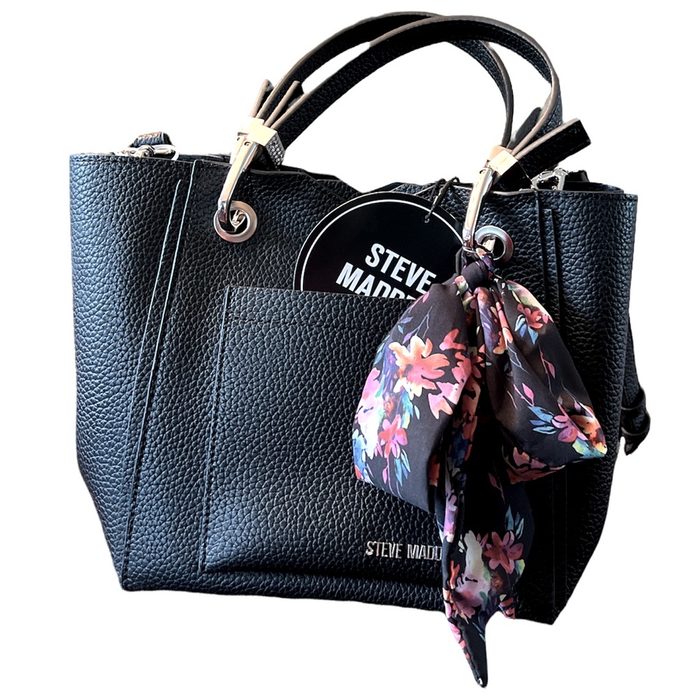 Steve Madden NEW black handbag / crossbody with floral scarf silver tone…